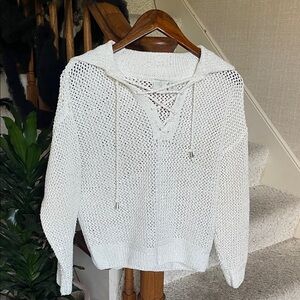 Joie White V-Neck Knit Sparkle Holiday Sweater